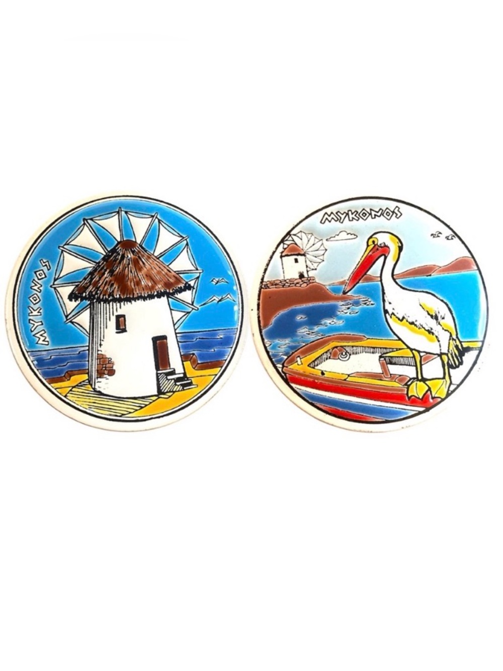 Vintage Niarchos Greece Handpainted Ceramic Tile Coasters Set of 2 Mykonos Ocean